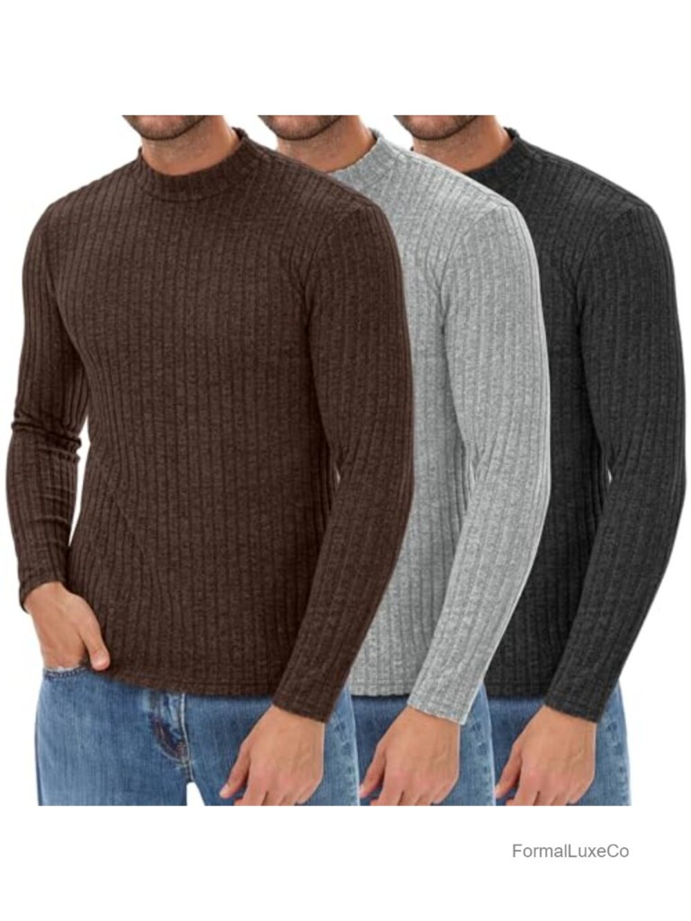 3 Pack Men's Turtleneck Long Sleeve Ribbed Sweater Top Mock Neck Pullover